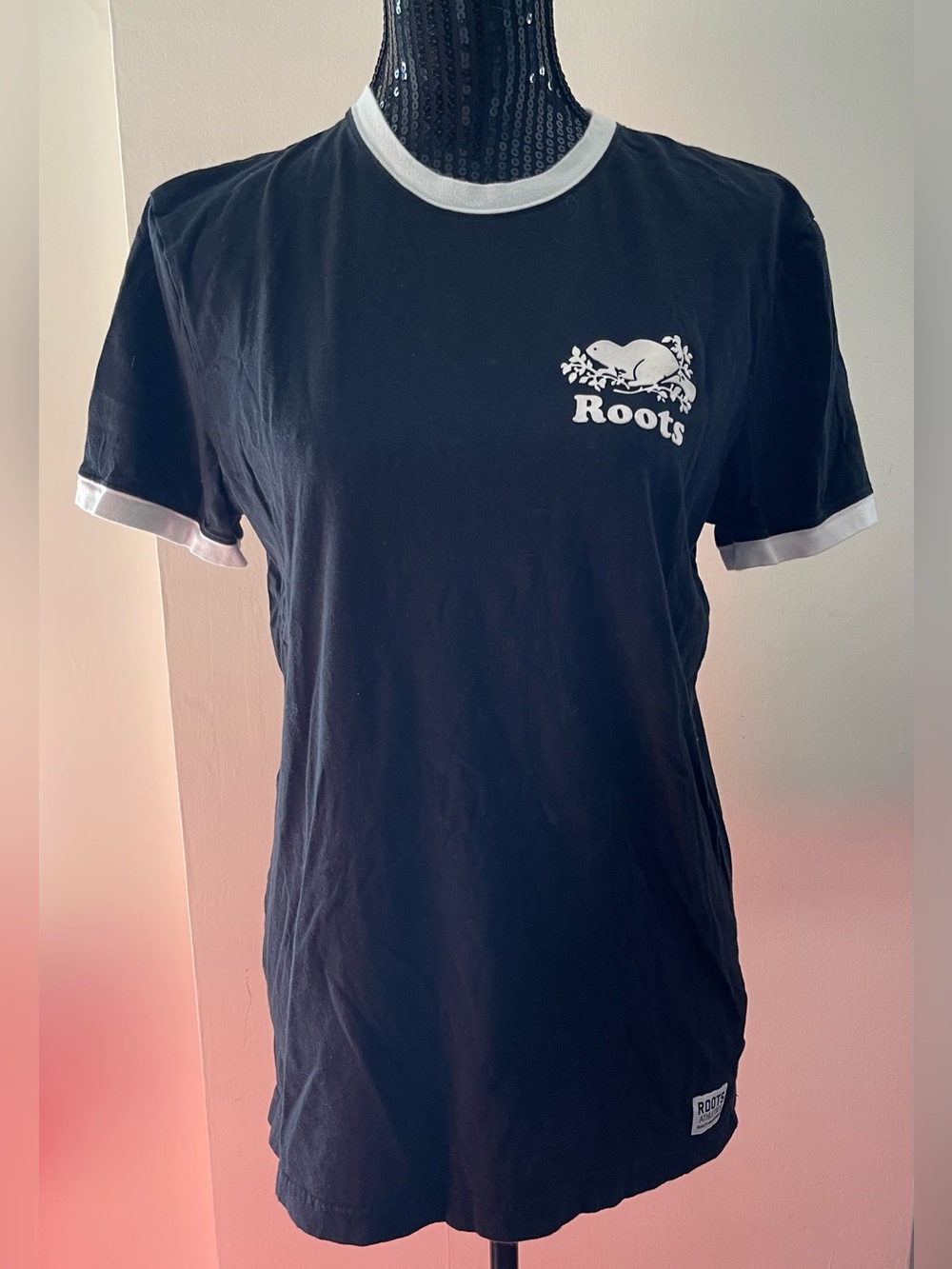 Roots Canada Black Tee with White Trim and Logo Size Small